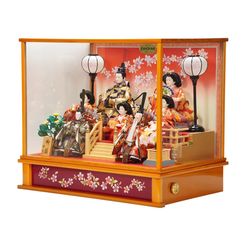 雛人形　七人飾り　三段 ガラスケース　ひな祭り 雛人形】三五 金襴(紺・赤) 七人揃いガラスケース飾り〈雅秀作〉[263