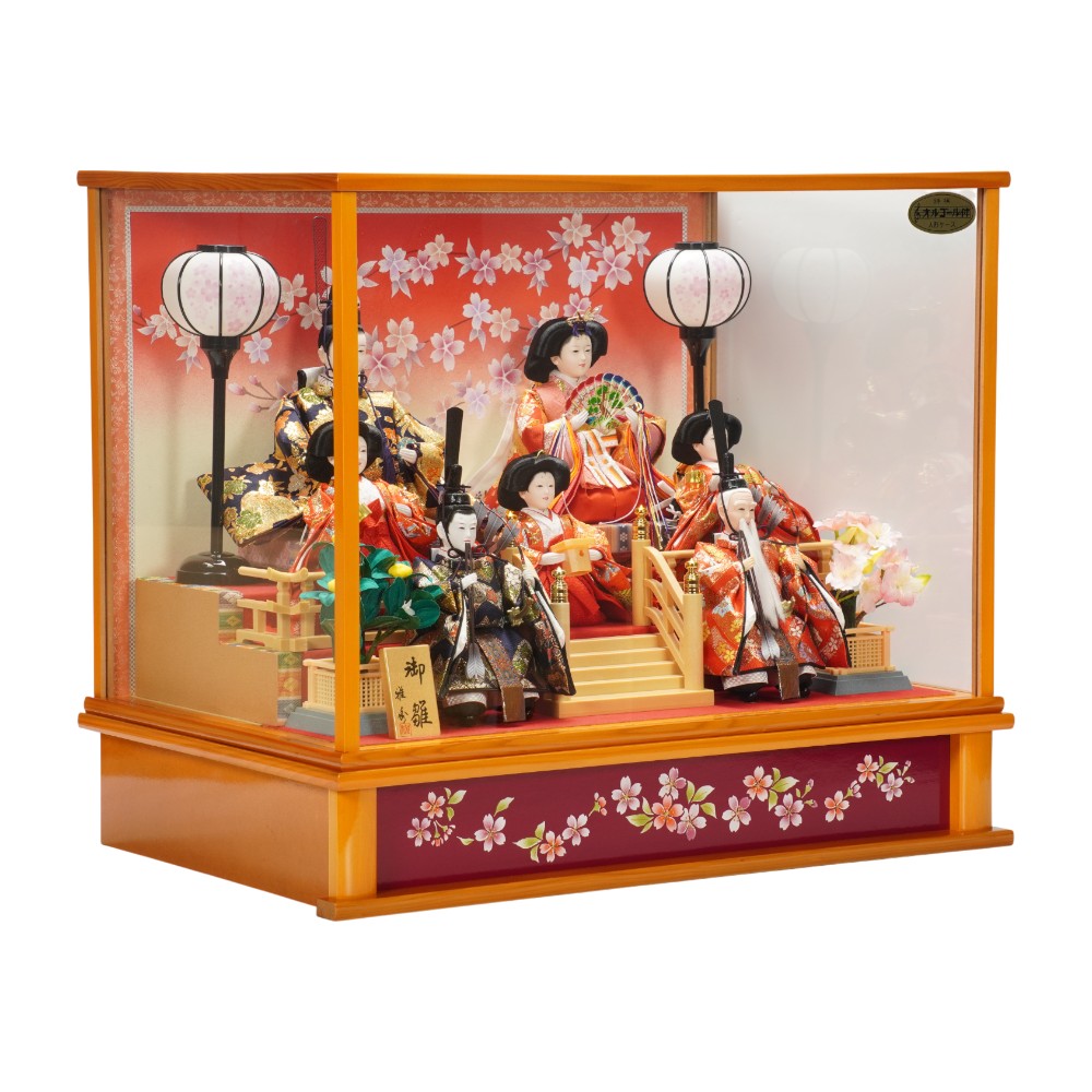 雛人形】三五 金襴(紺・赤) 七人揃いガラスケース飾り〈雅秀作〉[263