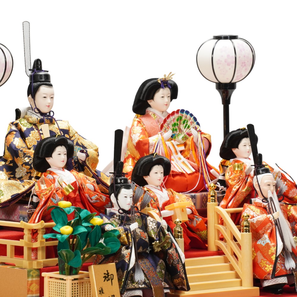 雛人形】三五 金襴(紺・赤) 七人揃いガラスケース飾り〈雅秀作〉[263