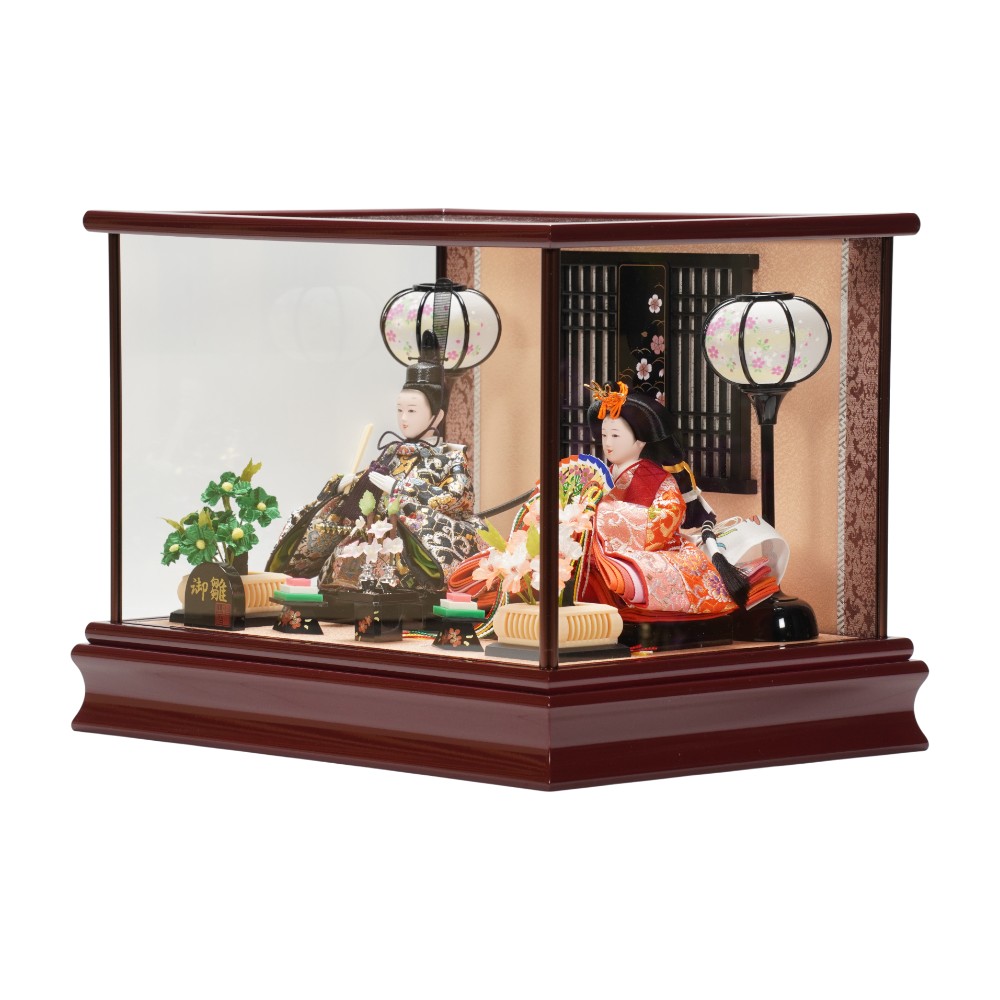【雛人形】小芥子 金襴(黒・赤) 溜塗 親王揃いガラスケース飾り | 河雲作
