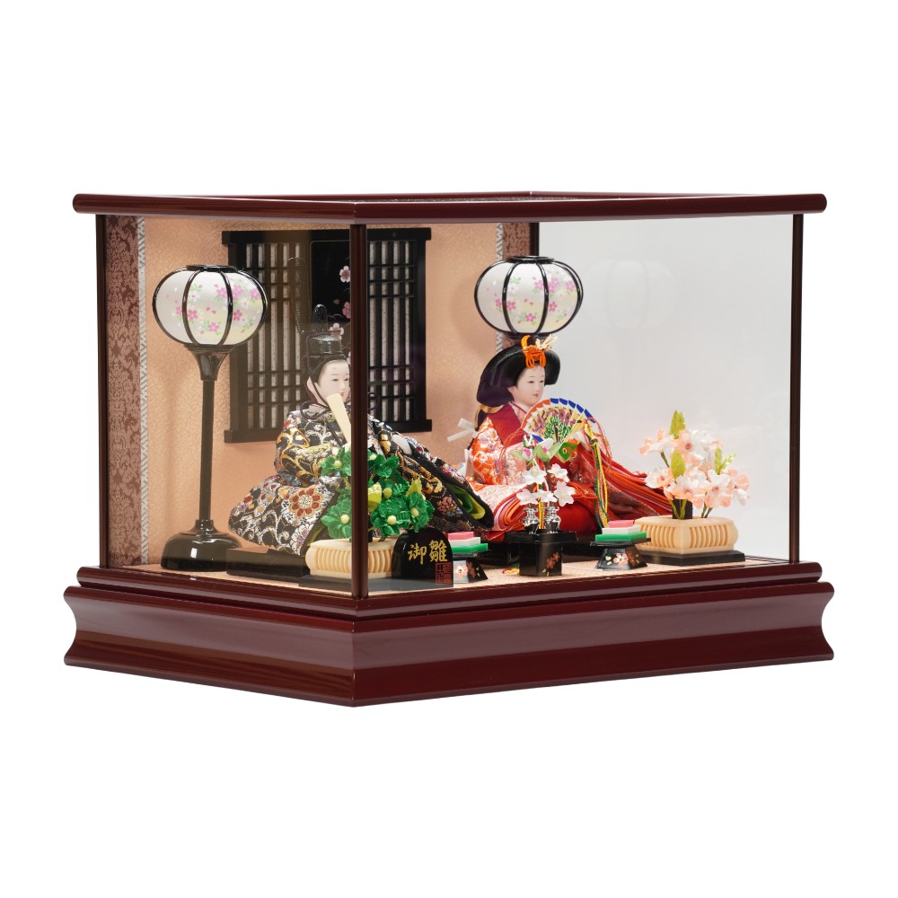 【雛人形】小芥子 金襴(黒・赤) 溜塗 親王揃いガラスケース飾り | 河雲作