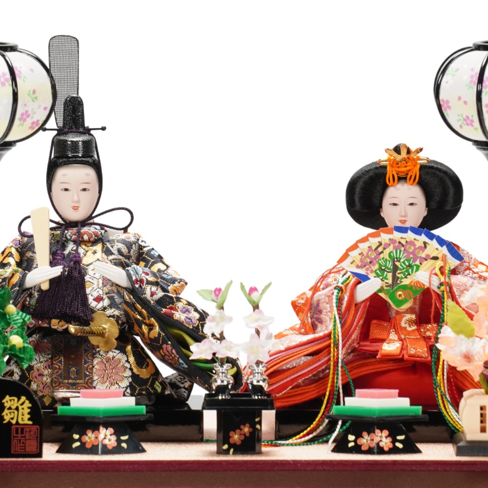 雛人形】小芥子 金襴(黒・赤) 溜塗 親王揃いガラスケース飾り〈河雲作