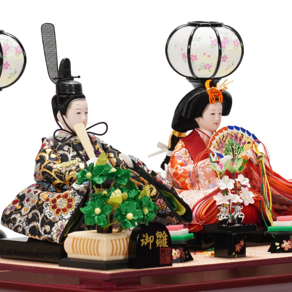 雛人形】小芥子 金襴(黒・赤) 溜塗 親王揃いガラスケース飾り〈河雲作
