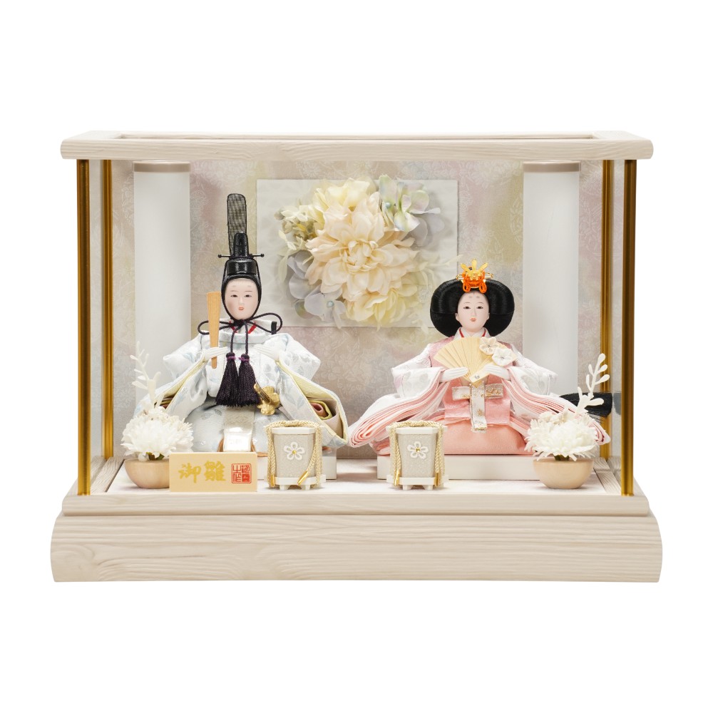 【雛人形】小芥子 金襴(白・ピンク) ホワイトオーク 親王揃いガラスケース飾り | 河雲作