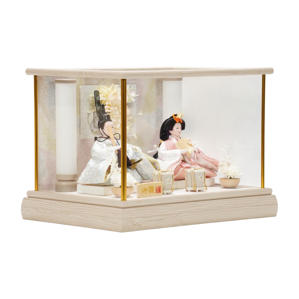 【雛人形】小芥子 金襴(白・ピンク) ホワイトオーク 親王揃いガラスケース飾り | 河雲作