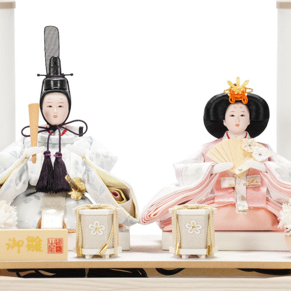 【雛人形】小芥子 金襴(白・ピンク) ホワイトオーク 親王揃いガラスケース飾り | 河雲作