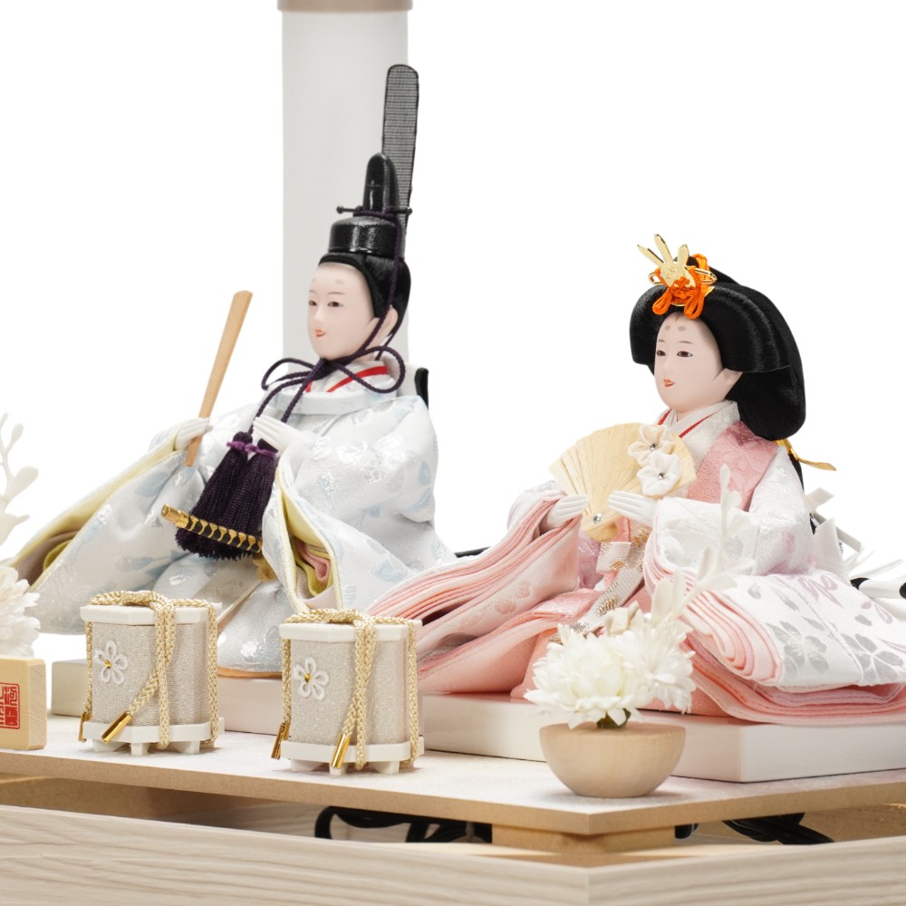 雛人形】小芥子 金襴(白・ピンク) ホワイトオーク 親王揃いガラス