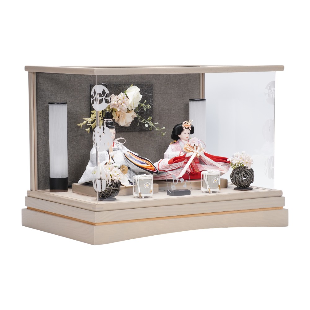 【雛人形】柳 フラワーアート グレージュ 親王揃いアクリルケース飾り〈清宝作〉[253-038]