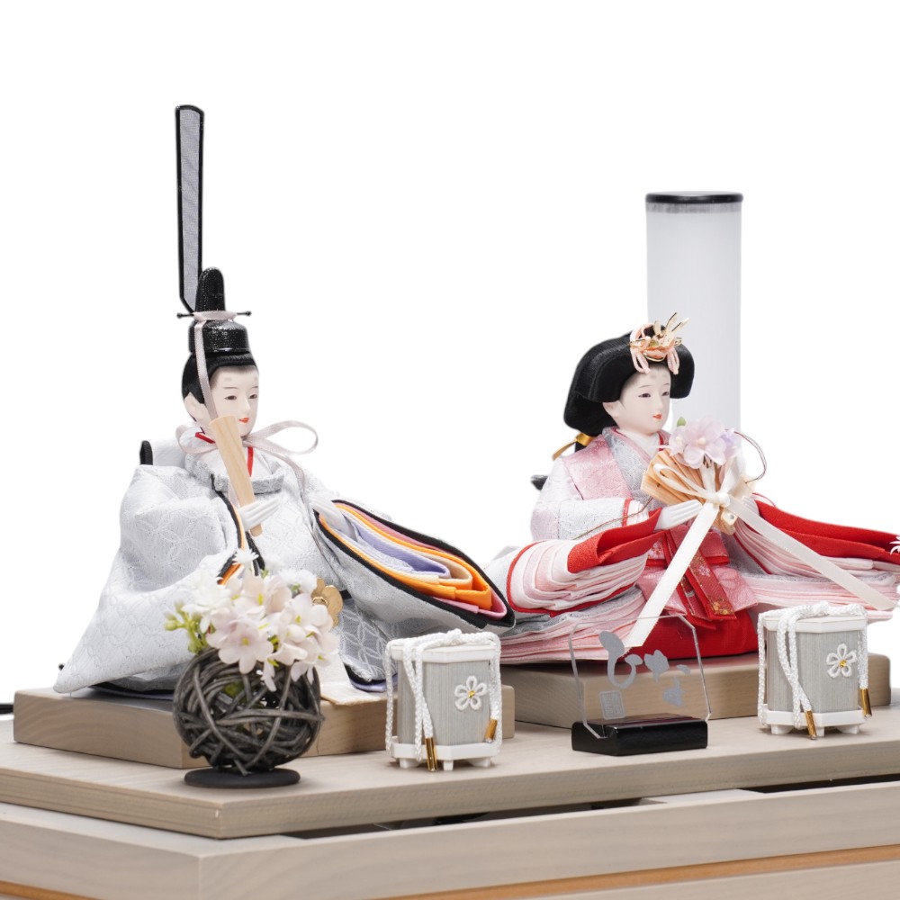 【雛人形】柳 フラワーアート グレージュ 親王揃いアクリルケース飾り〈清宝作〉[253-038]