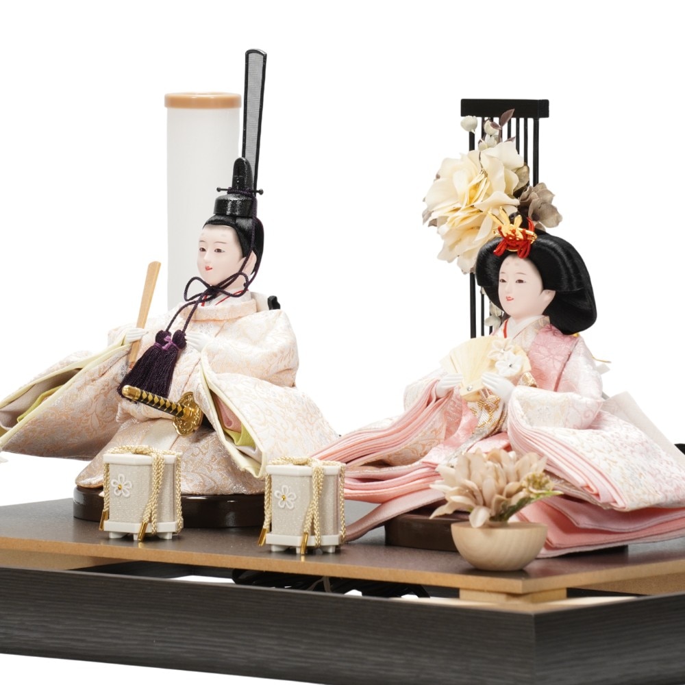 【雛人形】小s三五 金襴(ベージュ・ピンク) モダンブラック 親王揃いガラスケース飾り | 河雲作