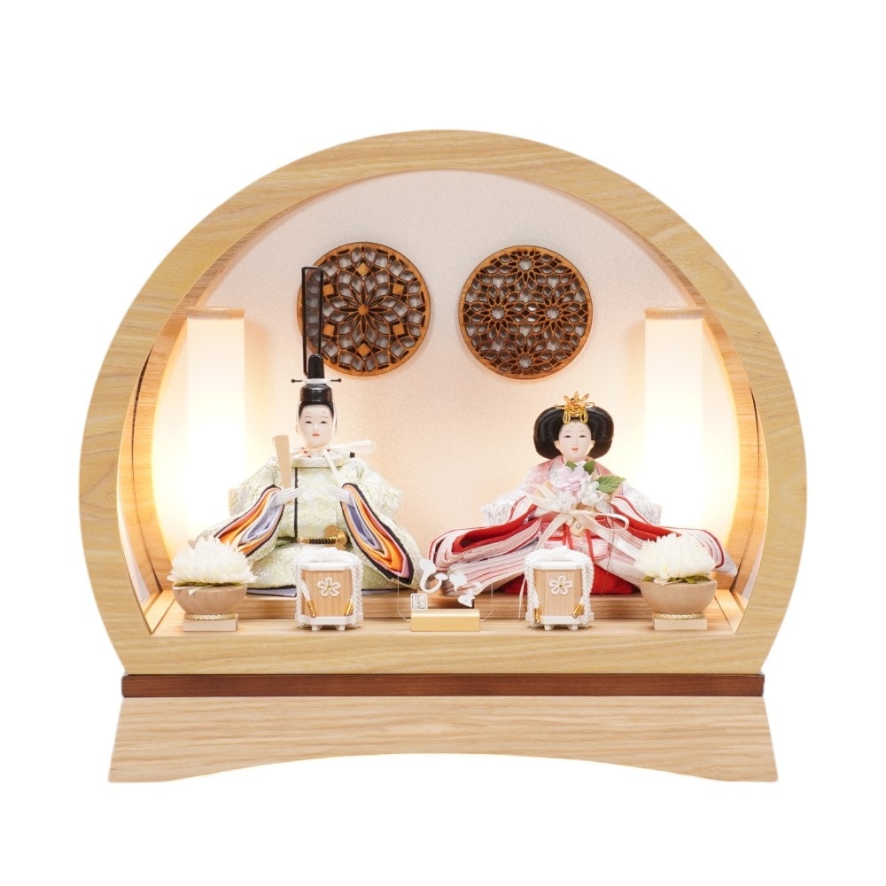 【雛人形】柳 ウッドレリーフ ナチュラル 親王揃いドーム型アクリルケース飾り | 清宝作