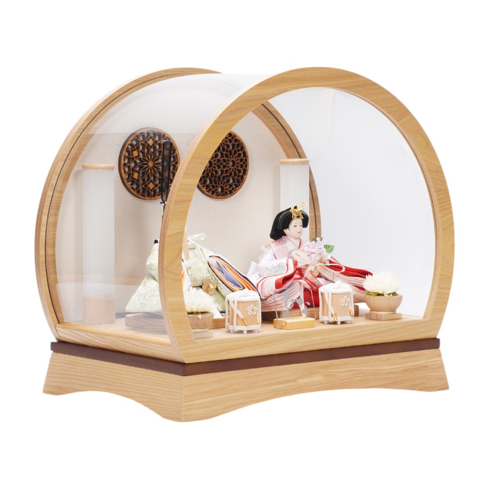 【雛人形】柳 ウッドレリーフ ナチュラル 親王揃いドーム型アクリルケース飾り | 清宝作