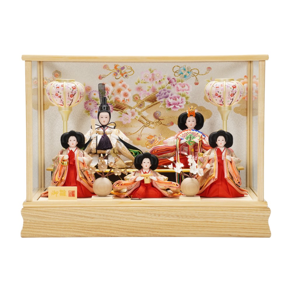 【雛人形】小芥子 有職(ベージュ・ピンク) 五人揃いガラスケース飾り | 河雲作
