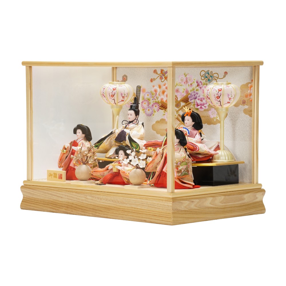【雛人形】小芥子 有職(ベージュ・ピンク) 五人揃いガラスケース飾り | 河雲作