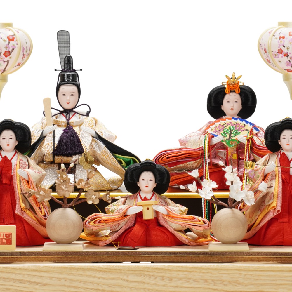 雛人形】小芥子 有職(ベージュ・ピンク) 五人揃いガラスケース飾り〈河