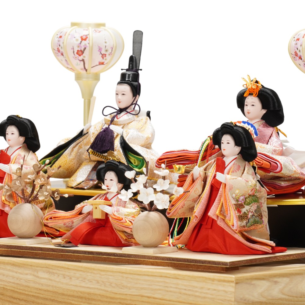 雛人形】小芥子 有職(ベージュ・ピンク) 五人揃いガラスケース飾り〈河