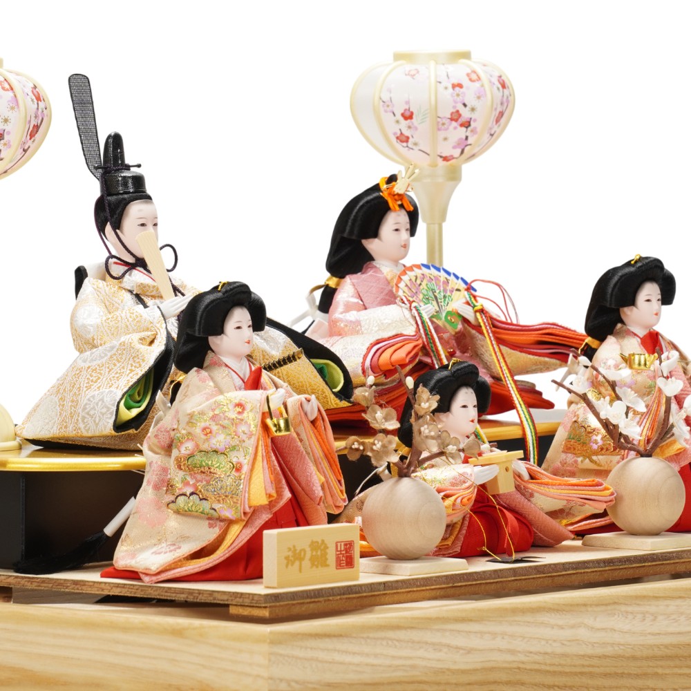 雛人形】小芥子 有職(ベージュ・ピンク) 五人揃いガラスケース飾り〈河