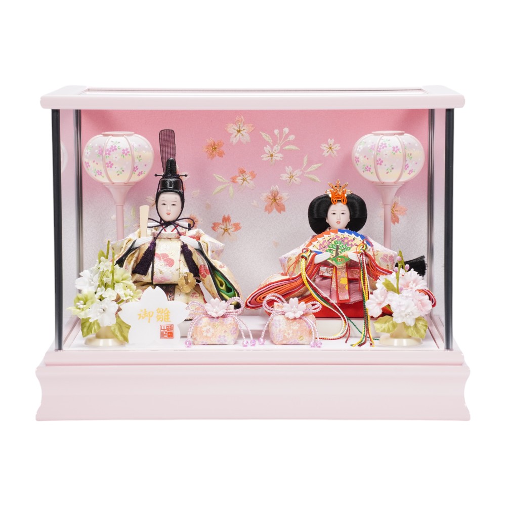 【雛人形】小芥子 金襴(黄×ピンク)  親王揃いガラスケース飾り〈河雲作〉[253-042]