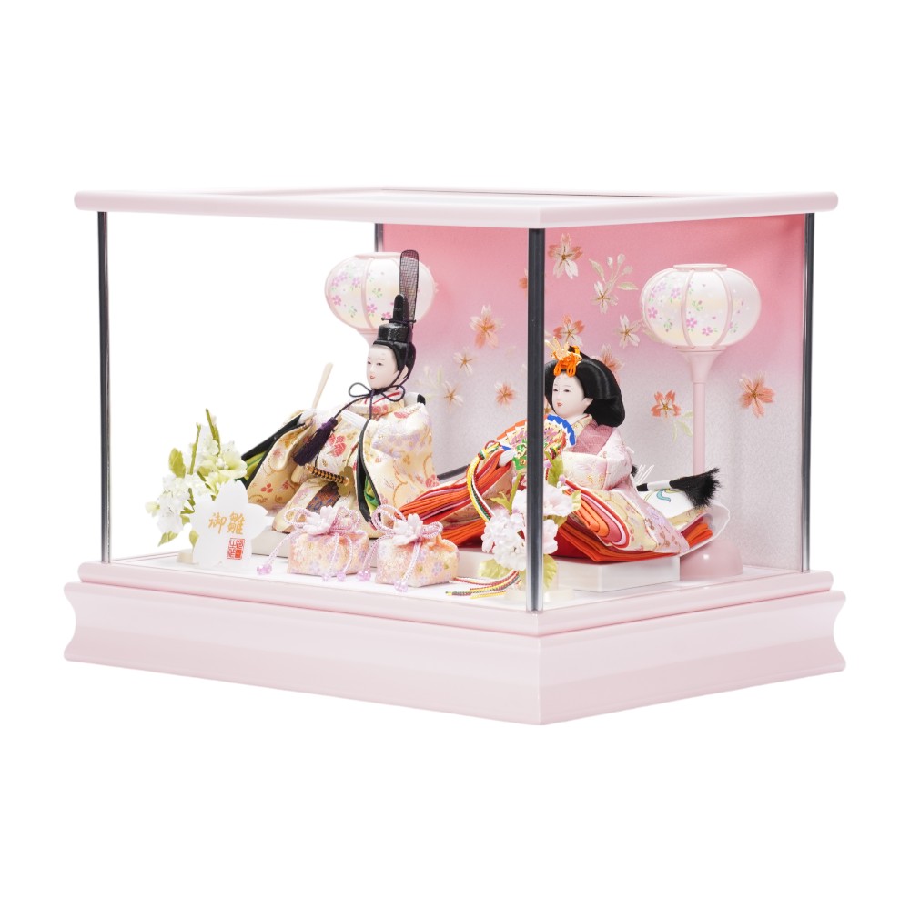 【雛人形】小芥子 金襴(黄×ピンク)  親王揃いガラスケース飾り〈河雲作〉[253-042]