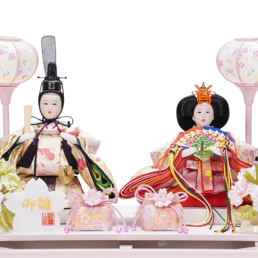 【雛人形】小芥子 金襴(黄×ピンク)  親王揃いガラスケース飾り〈河雲作〉[253-042]