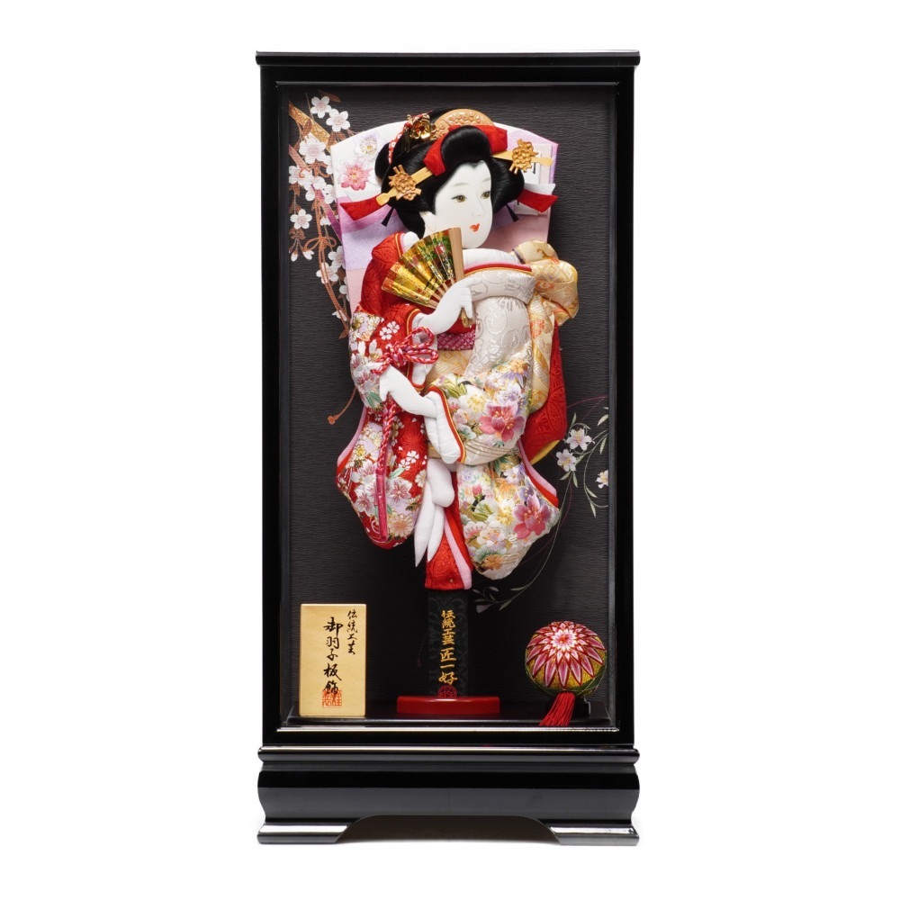 【羽子板】15号 金彩刺繍扇面桜(赤)×刺繍梅(ベージュ)〈匠一好作〉[232-054]