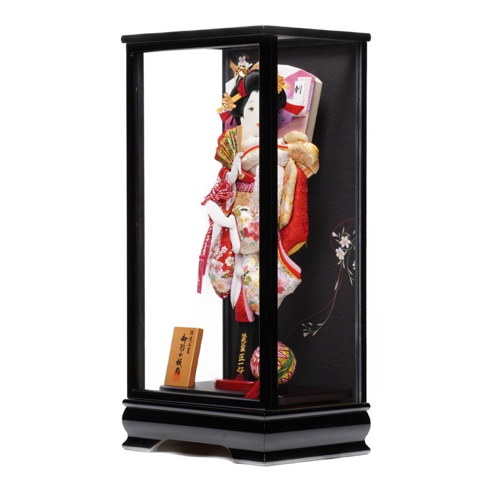 【羽子板】15号 金彩刺繍扇面桜(赤)×刺繍梅(ベージュ)〈匠一好作〉[232-054]