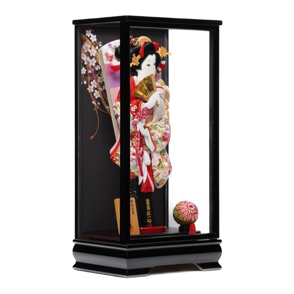 【羽子板】15号 金彩刺繍扇面桜(赤)×刺繍梅(ベージュ)〈匠一好作〉[232-054]