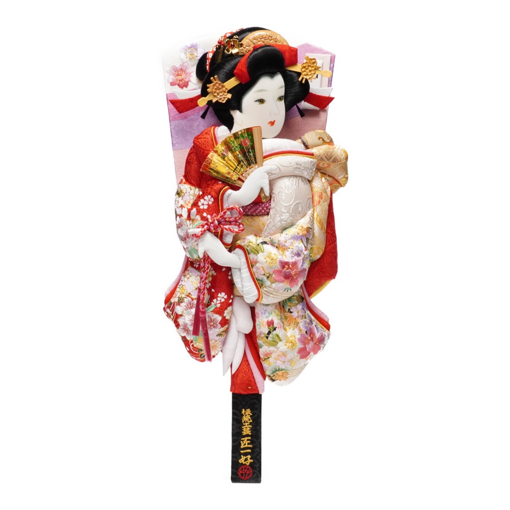 【羽子板】15号 金彩刺繍扇面桜(赤)×刺繍梅(ベージュ)〈匠一好作〉[232-054]