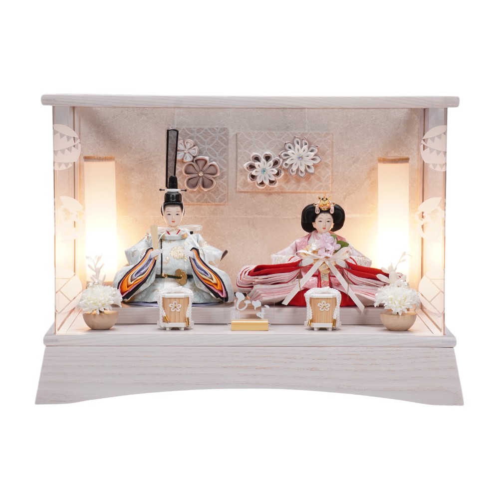 【雛人形】柳 つまみ細工 アッシュホワイト 親王揃いアクリルケース飾り〈清宝作〉[253-053]