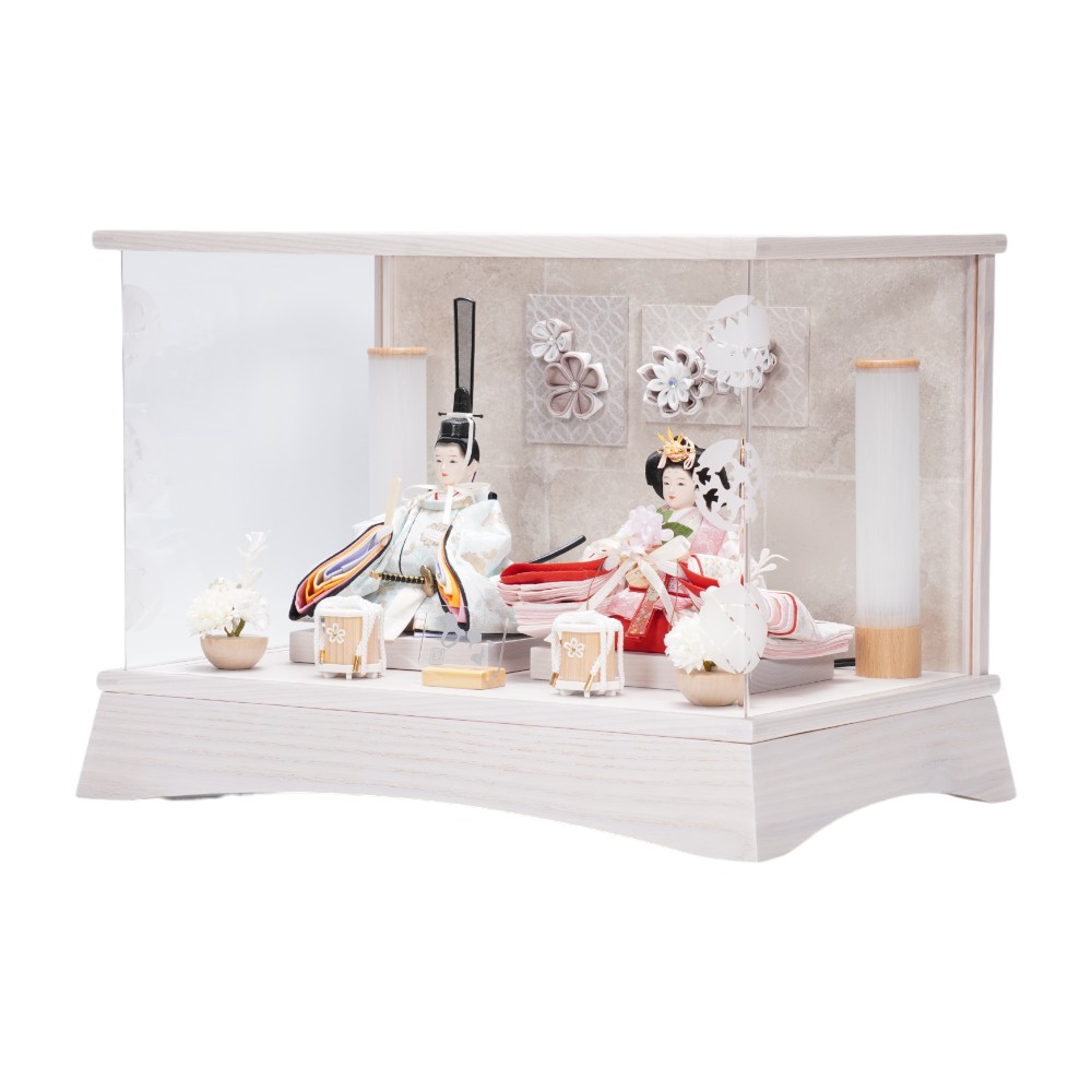 【雛人形】柳 つまみ細工 アッシュホワイト 親王揃いアクリルケース飾り〈清宝作〉[253-053]