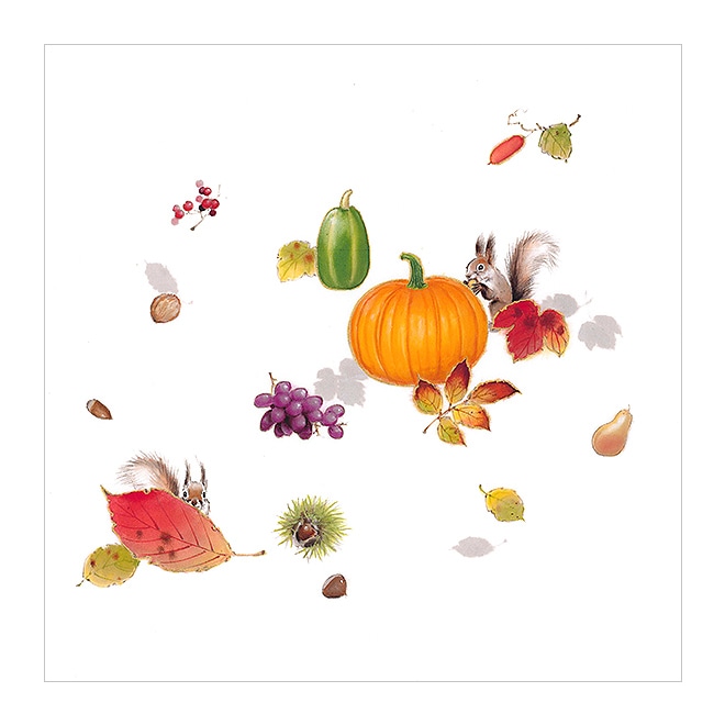 新塩瀬帯　秋の柄「秋の実とリス」 白地