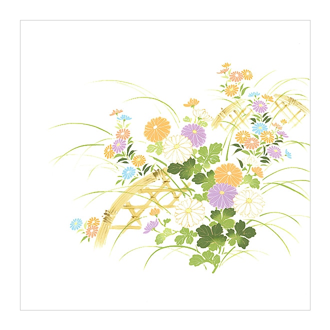 新塩瀬帯　秋の柄「菊に竹垣」 白地