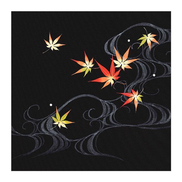 新塩瀬帯　秋の柄「光琳水にもみじ」 黒地