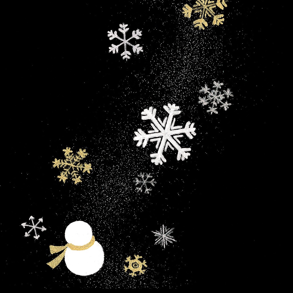 冬の柄の新塩瀬帯「雪の結晶と雪だるま」 黒地｜洗える帯 名古屋帯