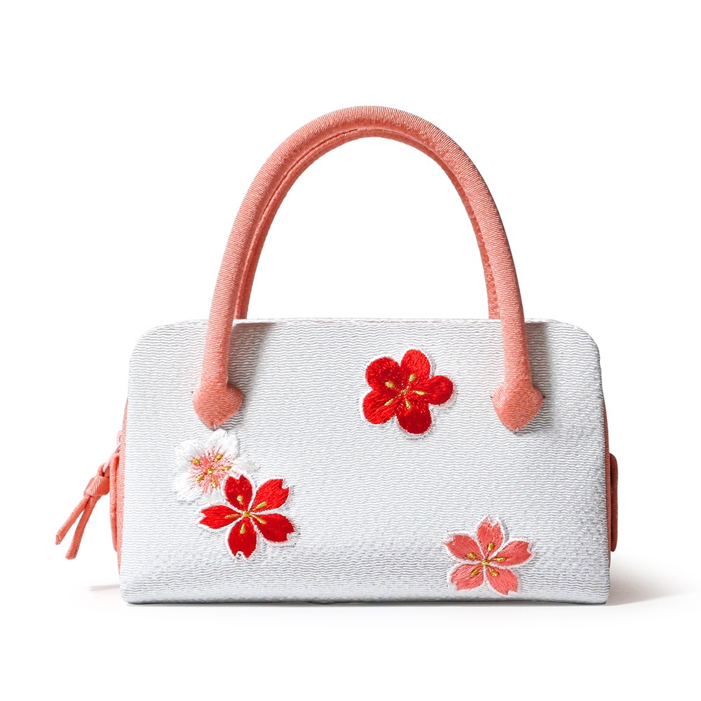 ミニミニ葵バッグ 七五三・パーティー用「刺繍桜梅」 白×ピンク｜和装