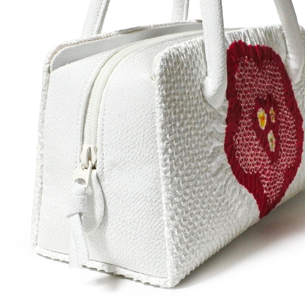 葵バッグ 「総絞 赤花」白｜和装バッグ 着物用ハンドバッグ