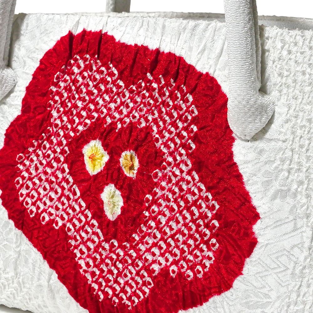 葵バッグ 「総絞 赤花」白｜和装バッグ 着物用ハンドバッグ