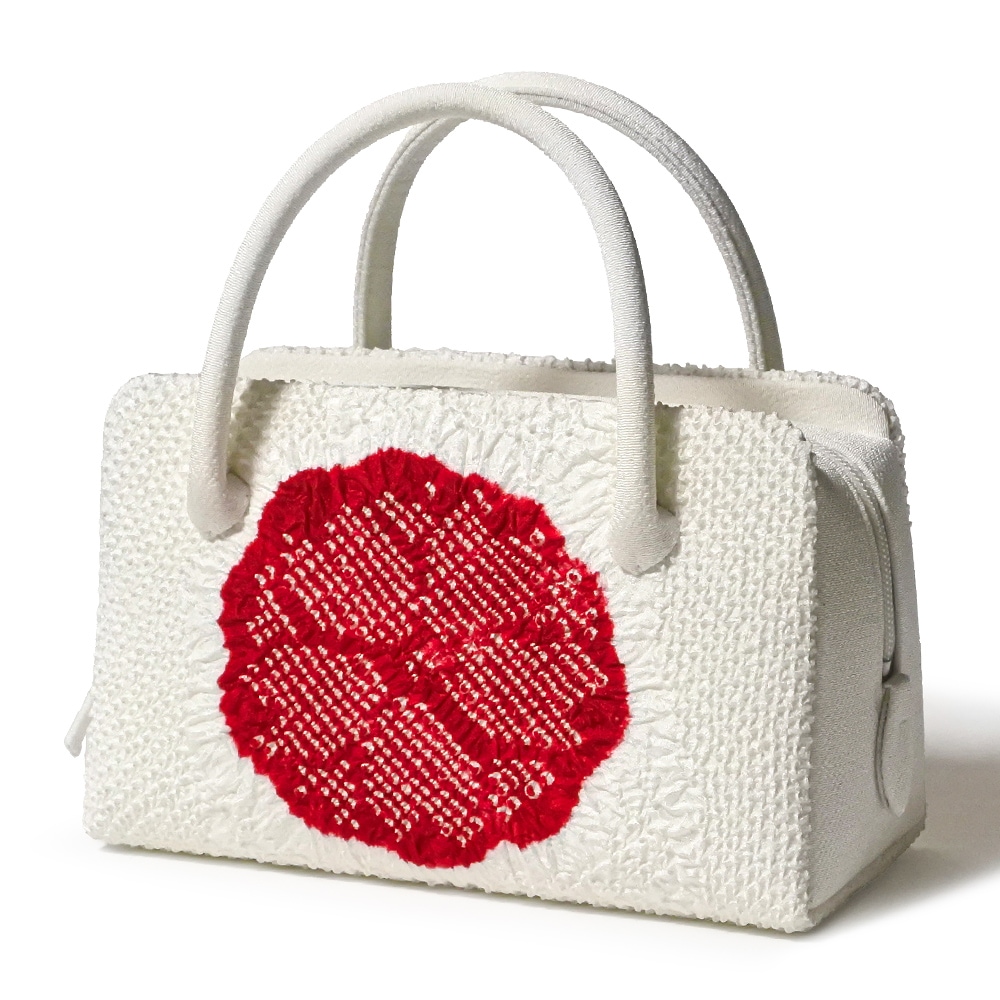 葵バッグ 「総絞 赤花」白｜和装バッグ 着物用ハンドバッグ