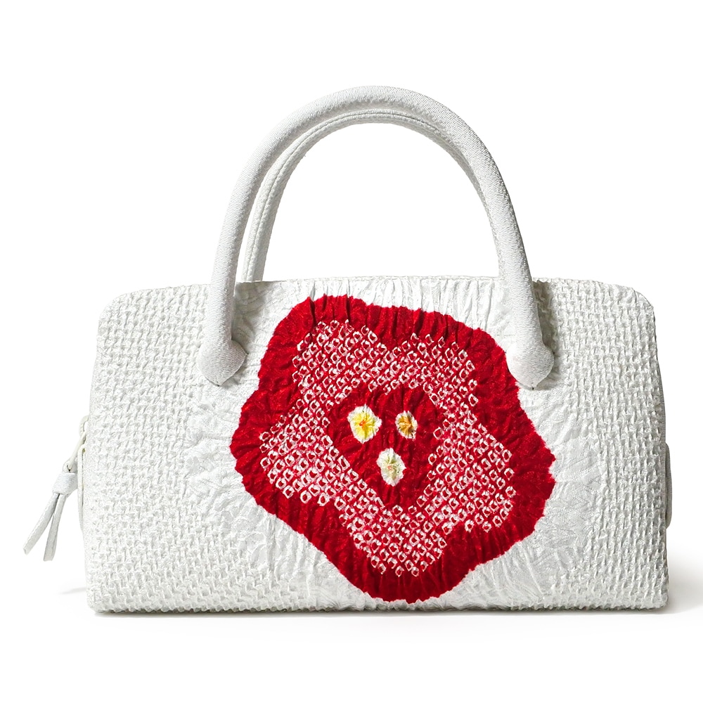 葵バッグ 「総絞 赤花」白｜和装バッグ 着物用ハンドバッグ