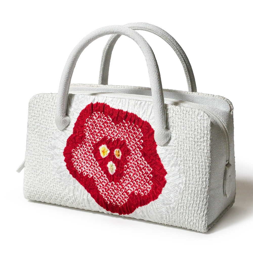 葵バッグ 「総絞 赤花」白｜和装バッグ 着物用ハンドバッグ