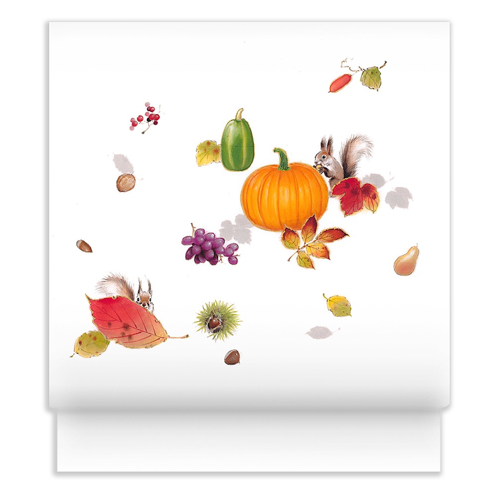 新塩瀬帯 秋の柄「秋の実とリス」 白地｜洗える帯 名古屋帯