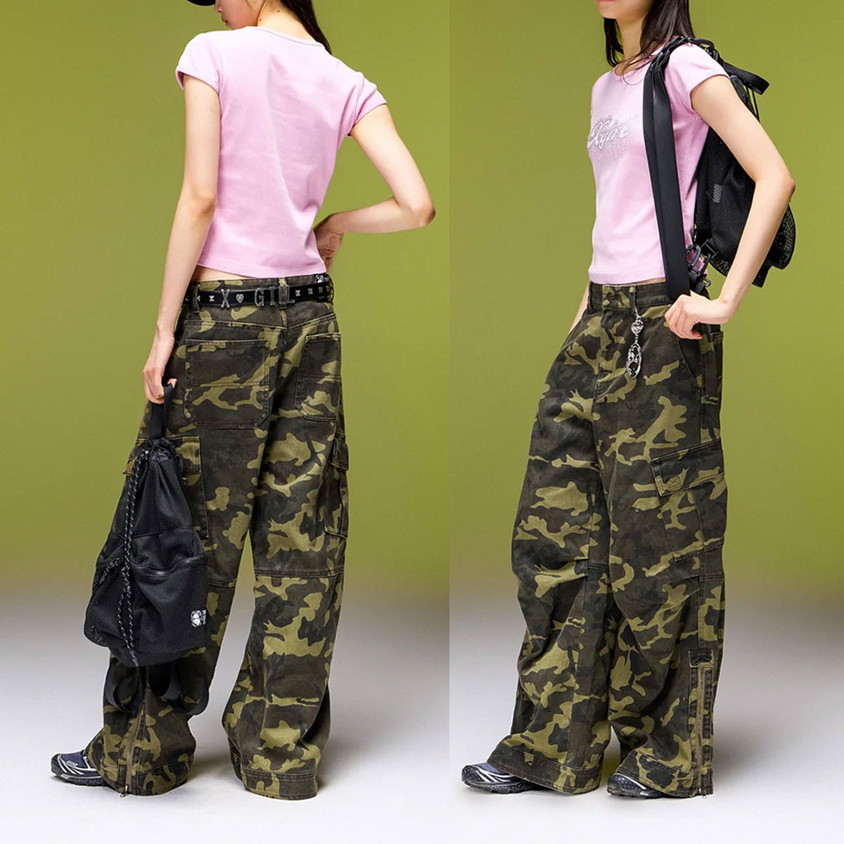 X-GIRL  | FADED WIDE LEG FLARE CARGO PANTS��105263031011��