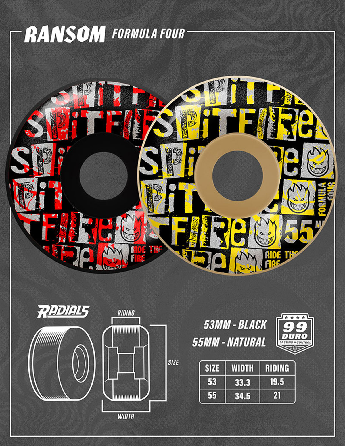 SPITFIRE WHEELS | Formula Four 99D Team Ransom Radial Skateboard Wheels 53mm��2111041153��