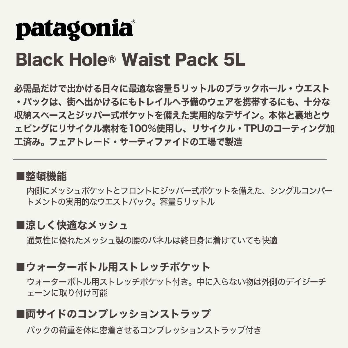 Patagonia �ѥ����˥� �֥�å��ۡ��� �������ȥХå� 5L ��¦�ݥ��å� �����ե��� ��� �����ȥɥ� ������ �͵��֥��� ���� ���� | Black Hole Waist Pack 5L��49282��