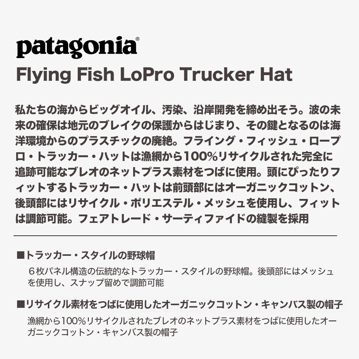 Patagonia �ѥ����˥� ����å� ˹�� ��� ��ǥ����� ������� ��ʪ ��å��� ������Ĵ�� �����ե��� ��� �����ȥɥ� ������ ��2�� ���� �͵� �֥��� 2024 �ղ� ���� | Flying Fish LoPro Trucker Hat ��38362��  