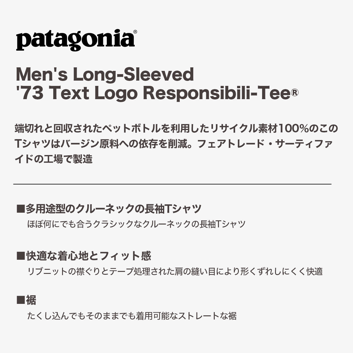 20%OFF ۥѥ˥ Patagonia  T Ĺµ T 󥰥꡼ ȥåץ  ץ ե  ȥɥ  ͵֥  | Men's Long-Sleeved '73 Text Logo Responsibili-Tee37780 
