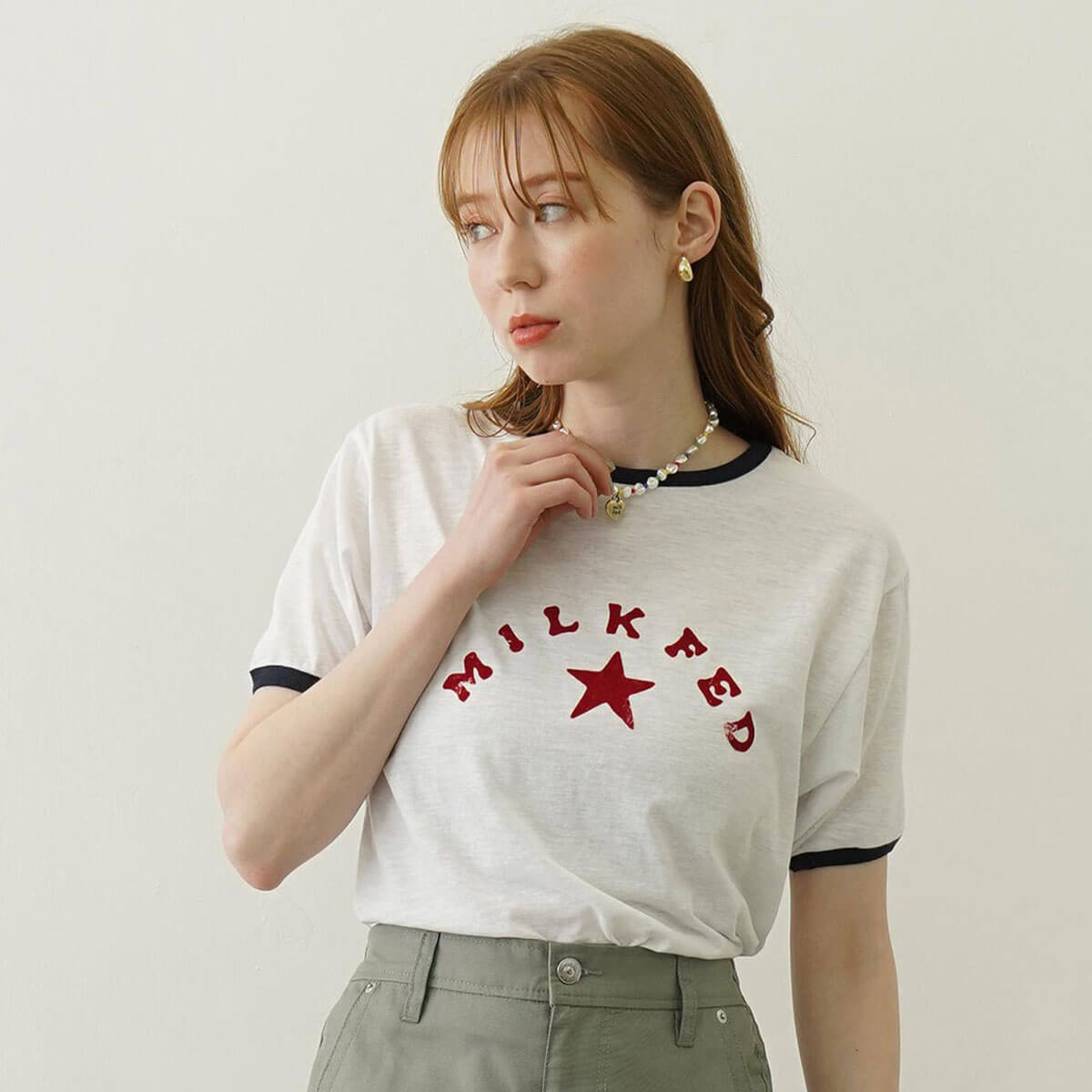 ��20%OFF ���ե�����ۥߥ륯�ե��� ��ǥ����� ȾµT����� ��󥬡�T����� ���ᥫ�� �ȥåץ� �͵� �������� �֥��� | MILKFED. LOGO AND STAR FLOCKY PRINT RINGER TEE��103252013003��