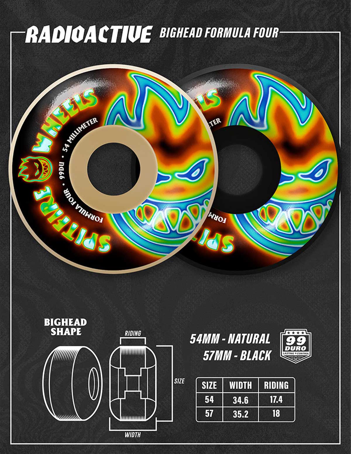 SPITFIRE WHEELS | F4 99 Radioactive Bighead Wheel Natural 57mm��2111038457��