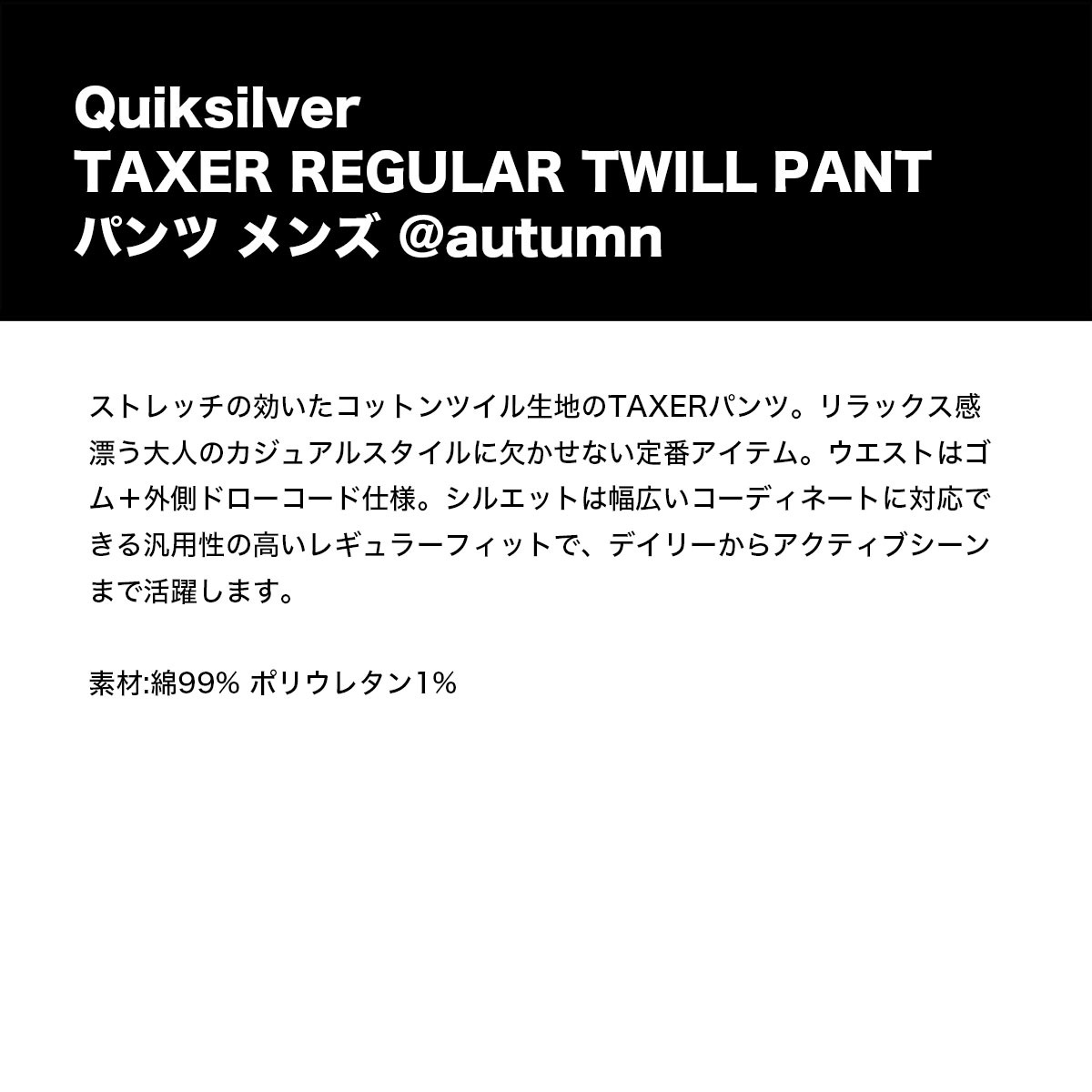 ��30%OFF ���ꥢ��󥹥������QUIKSILVER �����å�����С� ���  �ѥ�� �ܥȥ� ���ȥ�å� �������ȥ��� ��3�� M L �����ե��� �͵� �֥��� ���� | TAXER REGULAR TWILL PANT��EQYNP03328��