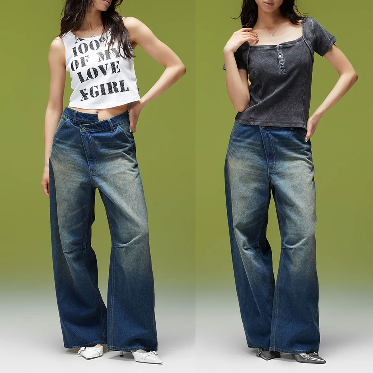 X-GIRL | EMBLEM POCKET ASYMMETRIC WAIST DENIM PANTS��105263031007��